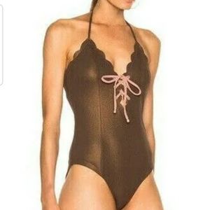 MARYSIA Broadway Tie Lace Up Scallop Maillot Halter brownOne Piece Swimsuit Sz m